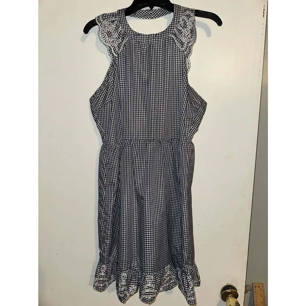 Copper Key Navy Blue White Gingham Sleeveless Dress with Eyelet Lace Trim XL NWT